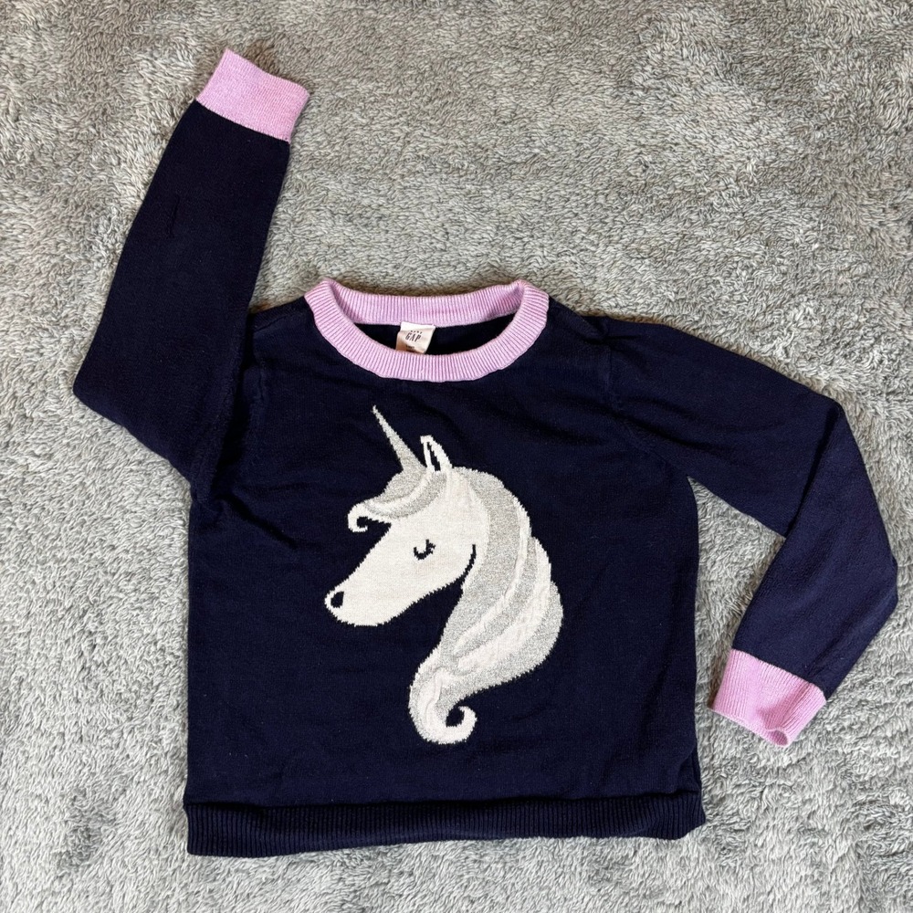 Baby Gap Toddler Girls Unicorn Knit Sweater Navy Blue Pink 4 Years